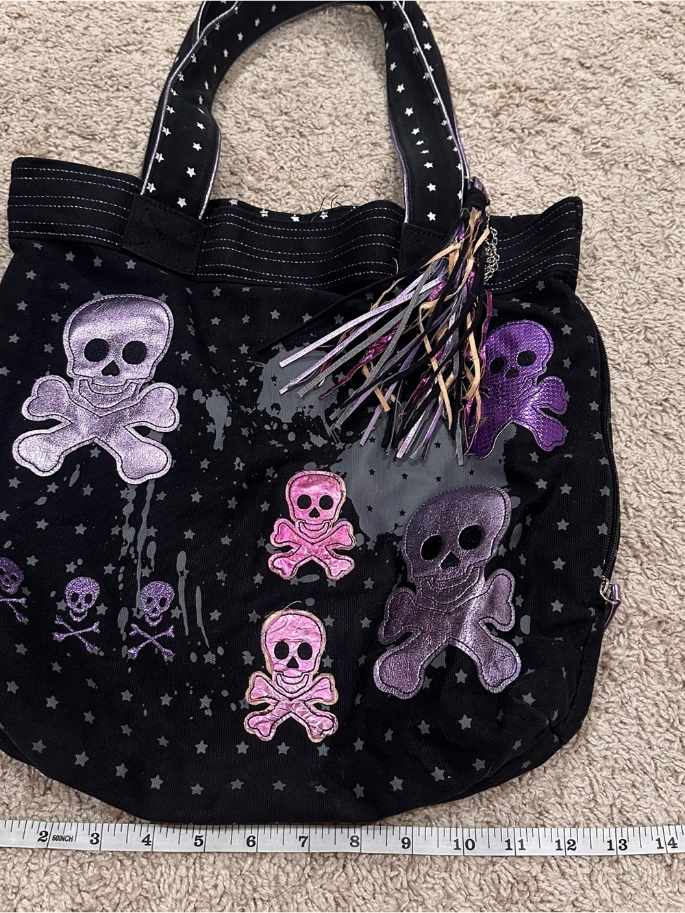 Loungefly Black Tote Vintage with Pink & Purple Skull and crossbones